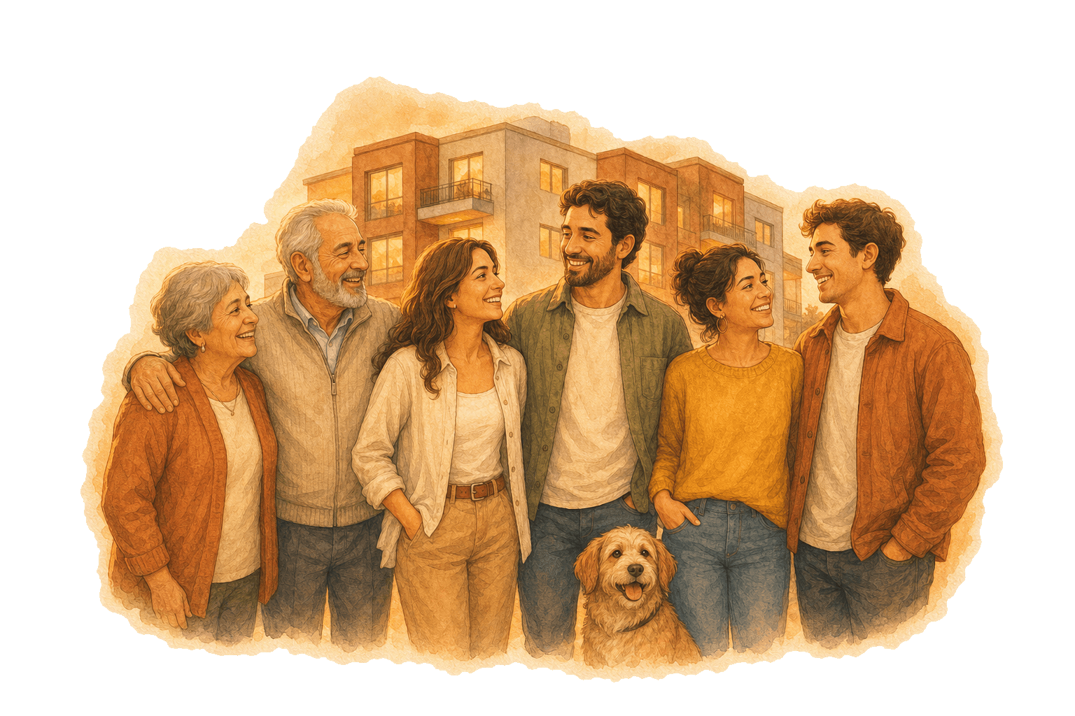 Vecinos de distintas edades sonriendo juntos, con su perro, frente a su edificio iluminado al atardecer
