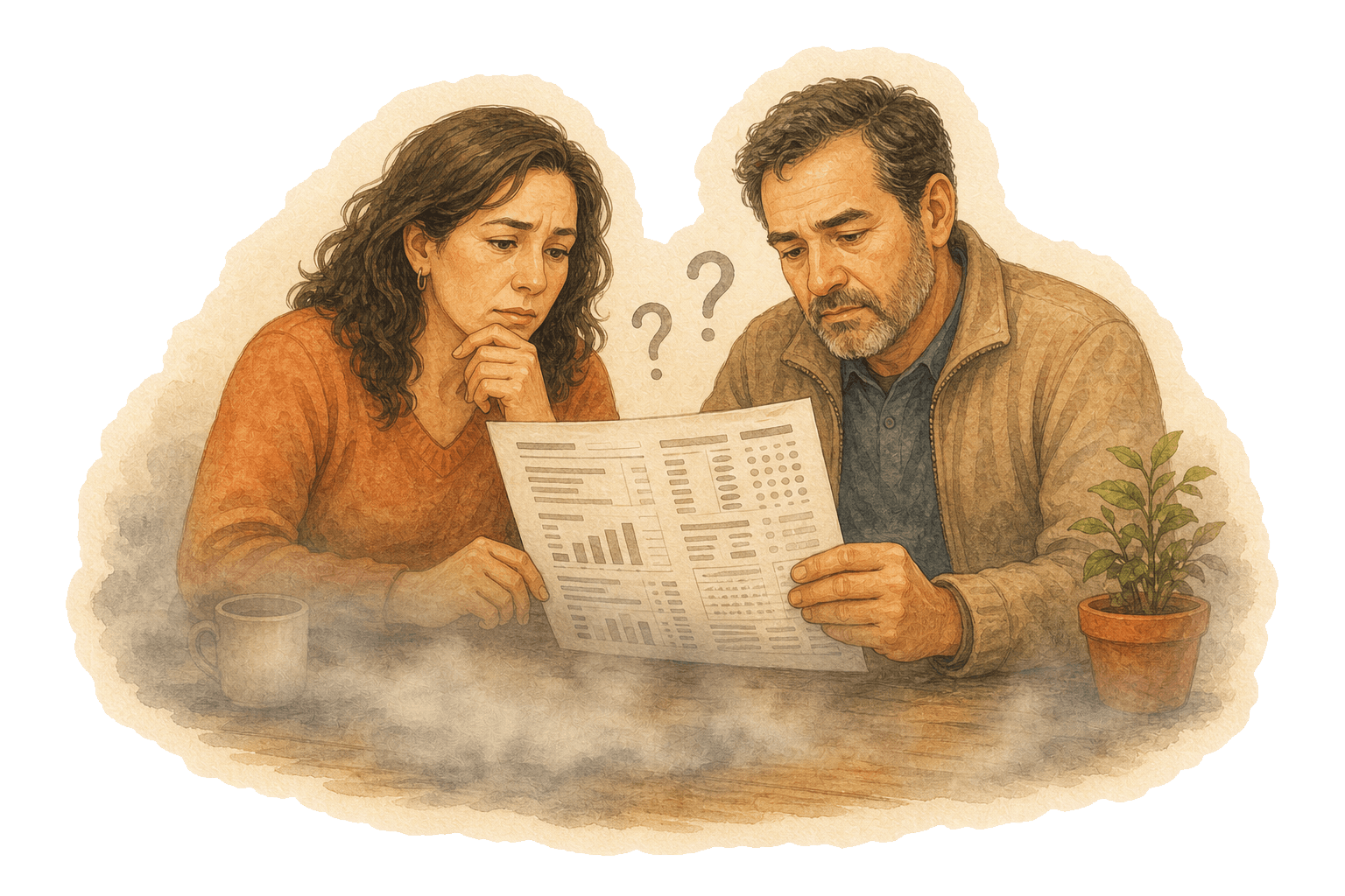 Una pareja preocupada mira una cuenta de gasto común llena de números que no se entienden, entre signos de interrogación y una neblina gris